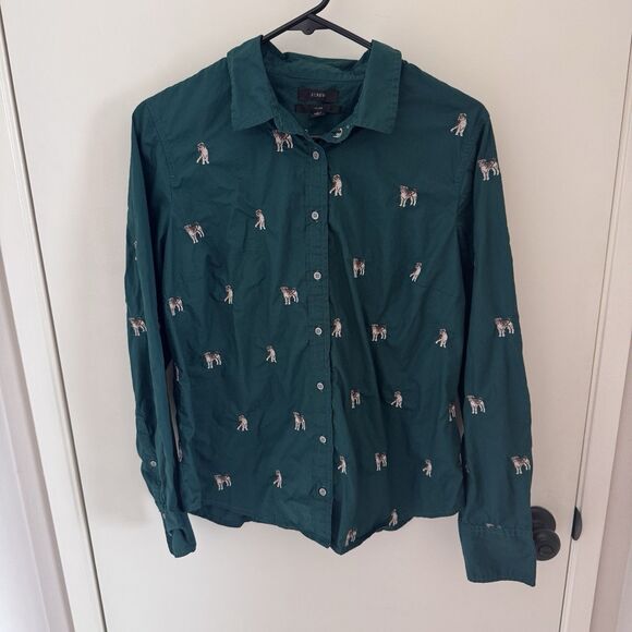J CREW Slim Perfect Shirt Dog Embroidery Green Women’s 12 Slim Button Up Cotton - Picture 10 of 10